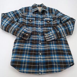 True Religion Sherpa Lined Flannel Shirt Jacket Blue Plaid Western Pearl Snap XS
